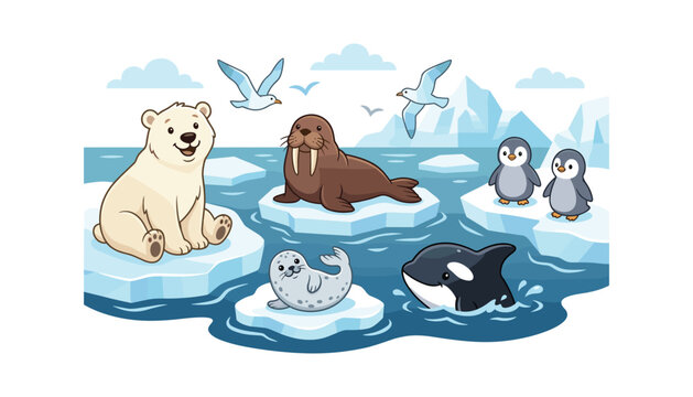 Cute arctic animals cartoon collection with polar bear walrus seal killer whale orca and penguins on ice floes vector scene