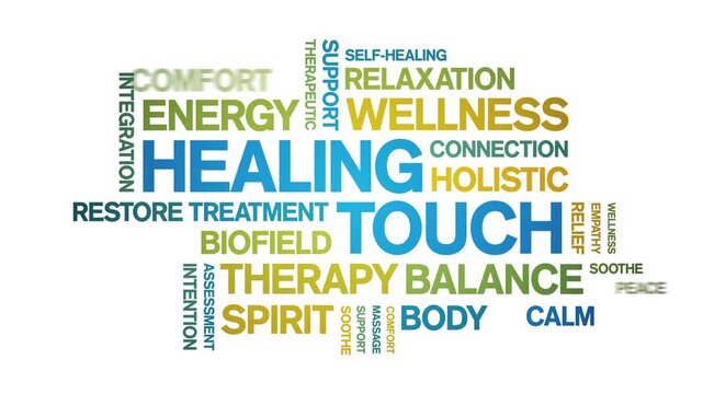 Healing Touch animated word cloud-text design animation tag kinetic typography seamless loop.