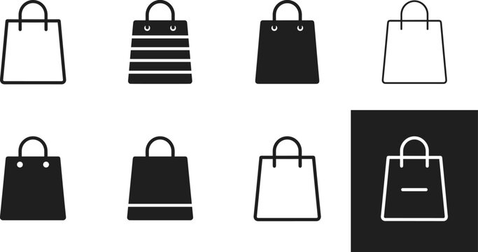 Retail retail store shopping bag line and silhouette icons vector set isolated on a clean white background