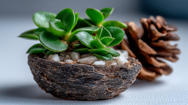 Small succulent plant in dark textured bowl with pine cone succulent textured