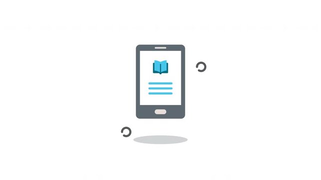 Looping E-Learning Smartphone Icon Animation. Flat minimalist design of mobile phone with digital book, isolated on white background