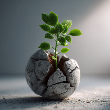 Small green plant growing from inside a cracked stone sphere with environment