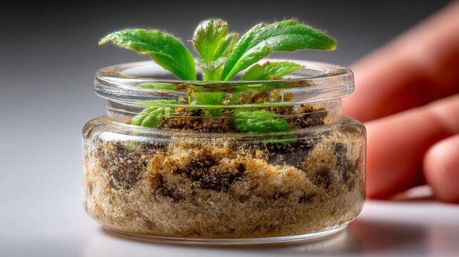 Small plant growing inside a clear glass bottle jar with terrarium, miniature