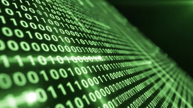 Abstract digital background with green binary code streaming on a dark screen.