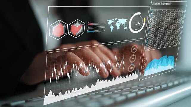 Business professional analyzing data trends and statistics on a futuristic digital interface with charts and graphs depicting growth and performance metrics Gluon.