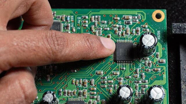 Man tracing circuit board line with finger demonstrating electronic component connection video finger electronics