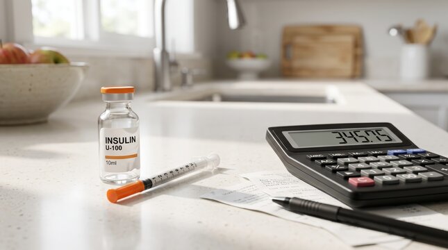 Insulin vial and syringe with calculator on kitchen counter