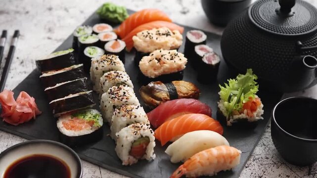 Fresh japanese sushi platter with salmon nigiri maki rolls and teapot 4K