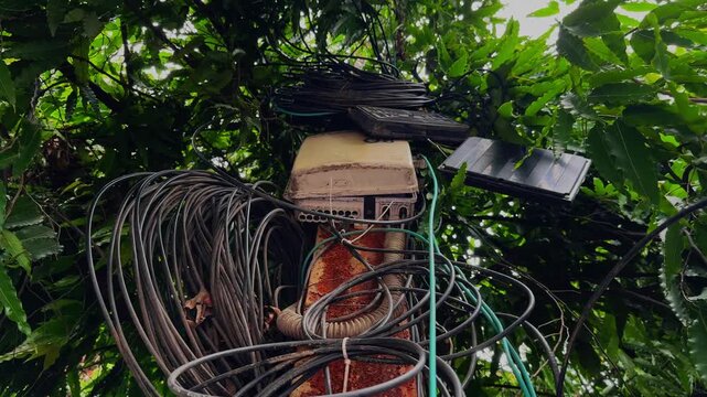 Orbiting shot of communication equipment and coiled fiber optic cables mounted on a utility pole concealed by dense tree foliage in an outdoor urban environment