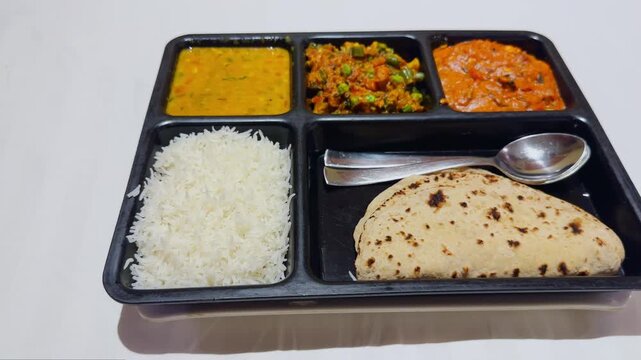 Closeup shot of a traditional Indian vegetarian meal served in a compartment tray with rice roti dal vegetable curry and paneer gravy