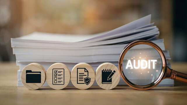 Professional Financial Audit and Compliance Concept with Magnifying Glass and Documents on Wooden Table