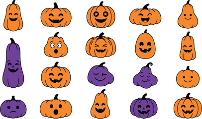 Fototapeta premium A collection of cute cartoon pumpkins with various funny facial expressions isolated