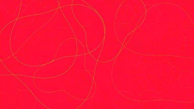 Abstract red background with flowing yellow lines and hexagons.