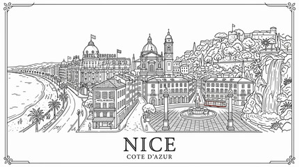 Obraz premium Nice Cote d'Azur Skyline Illustration - French Riviera Cityscape Drawing