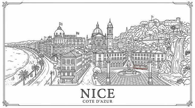 Nice Cote d'Azur Skyline Illustration - French Riviera Cityscape Drawing