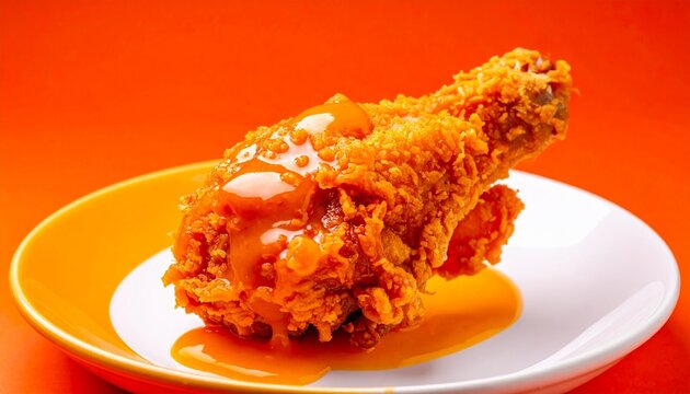a crispy, orange-sauced chicken drumstick with exaggerated glaze shine Orange background- AI-Generated food