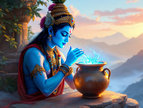 Lord Krishna holding hands over a glowing pot on a stone ledge with scenic mountain landscape background, digital spiritual artwork