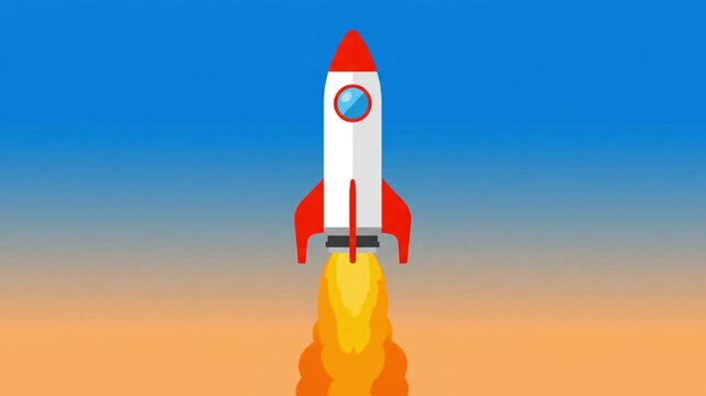 Rocket Launching into the Sky with Fiery Exhaust and Blue Sky Background.