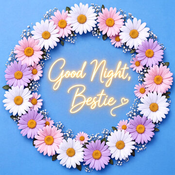 Beautiful floral wreath of colorful daisies with glowing good night message in elegant script writing