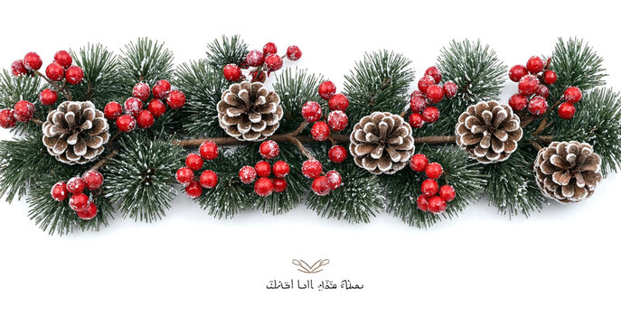 Beautiful festive holiday decoration with pine branches red berries and pinecones for winter celebrations