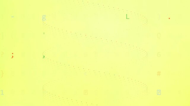 Bright abstract digital animation with multi-colored alphanumeric characters and symbols floating on a yellow background.