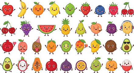 Obraz premium Cute Fruit Character Collection Set with Smiling Cartoon Fruits Including Apple Banana Berry and Tropical Food Illustrations