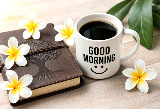 Beautiful good morning setup with coffee book and flowers on wooden table for inspiration