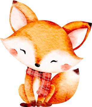 Watercolor Cute Fox in Autumn Season