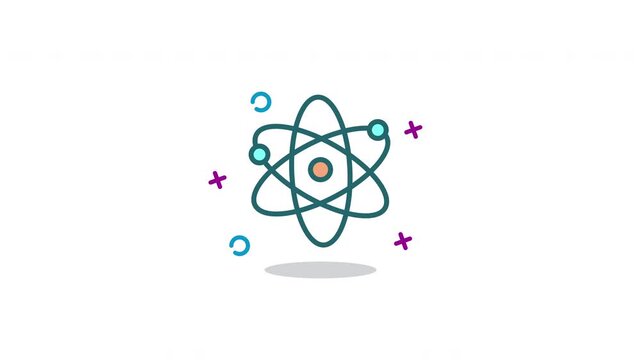 Looping Atom Icon Animation. Flat minimalist design of science atomic structure with electrons, isolated on white background