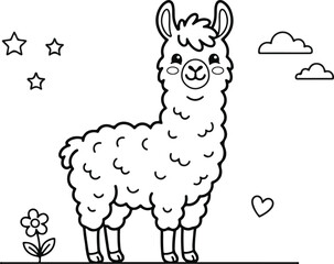 Obraz premium Cute cartoon llama standing in a meadow with flowers, stars, and clouds, coloring page for kids