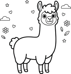 Obraz premium Cute cartoon llama with hearts, flowers, stars, and clouds, coloring page for kids