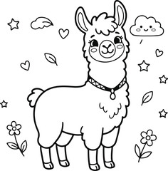 Obraz premium Cute cartoon llama with flowers, hearts, stars and clouds, coloring page for kids