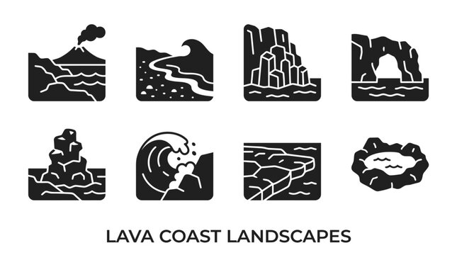 Set of Black Glyph Icons Featuring Geological Coastal Formations Created by Volcanic Activity and Ocean Erosion Processes Including Cliffs Waves and Lava Pools