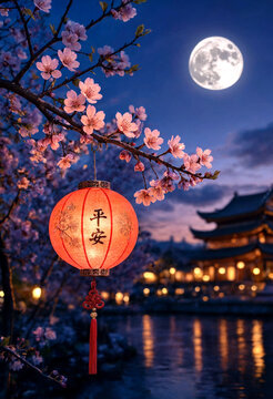 Beautiful nighttime scene with glowing red lantern and cherry blossoms under a full moon by traditional architecture