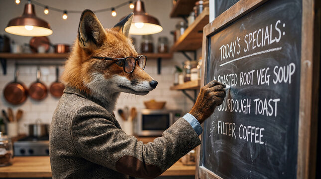 Fox working in cafe, creative anthropomorphic lifestyle scene showing animal welfare, responsible care, wellbeing, humane values, education, community awareness, supporting responsible care education