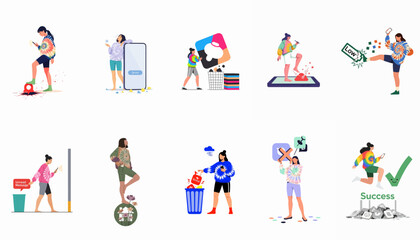 Fototapeta premium Set of illustrations depicting a young woman practicing digital detox, managing social media stress, deleting apps, and finding balance in a digital world.