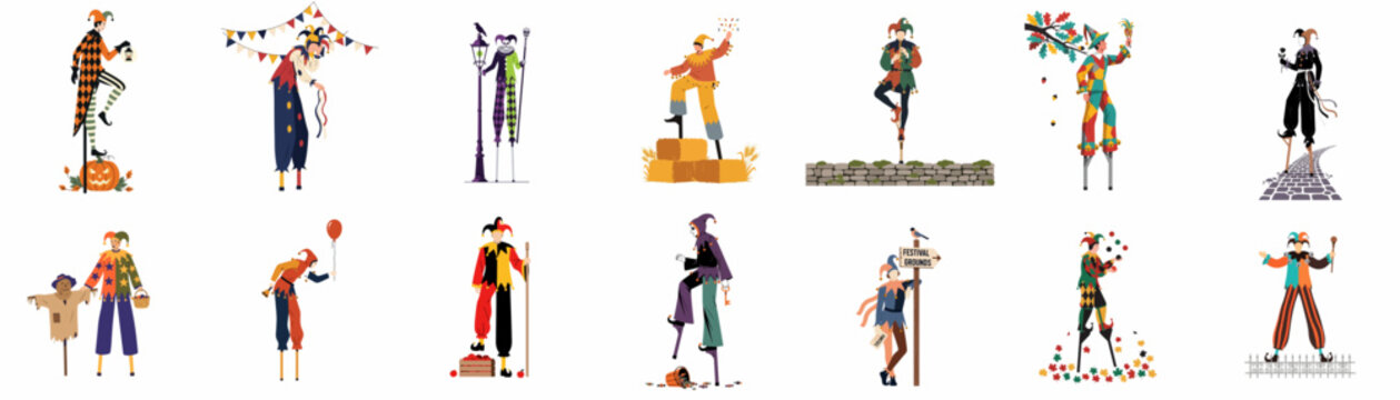 Collection of diverse medieval jesters and harlequins on stilts performing various acts in colorful costumes for festival and carnival themed illustrations.