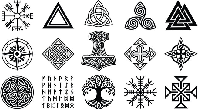 Ancient norse pagan symbols vector collection including odin valknut thor hammer vegvisir compass runes and celtic knots