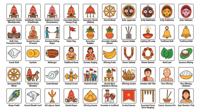 Set of icons representing traditional Hindu religious symbols and cultural elements from Indian festivals.