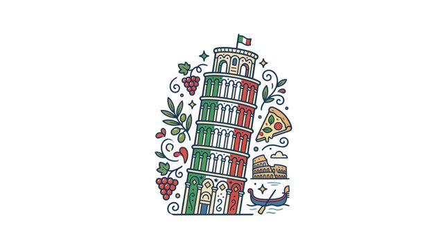 Stylized Leaning Tower of Pisa illustration with Italian cultural icons.