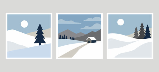 Minimalist winter landscape vector set with snowy mountains, pine trees, cozy cabin, sun, and cold blue sky in flat scandinavian style © hyperbleh