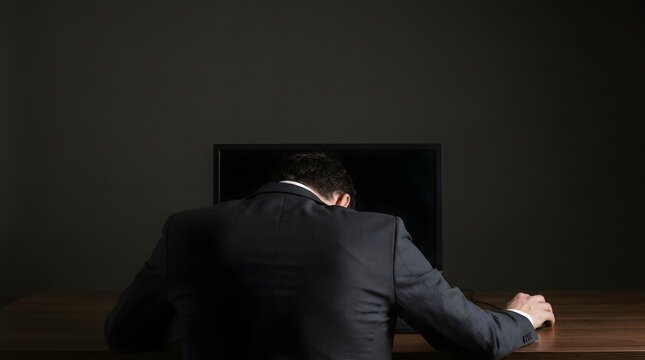 Exhausted businessman slumping over computer desk facing black screen in dim office environment back view
