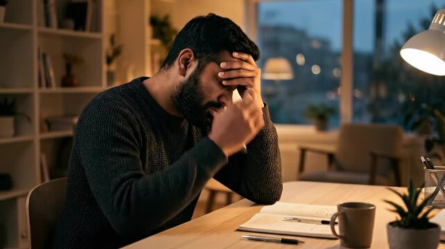 A man sitting at a desk with his head in his hands, looking stressed and overwhelmed by his work.