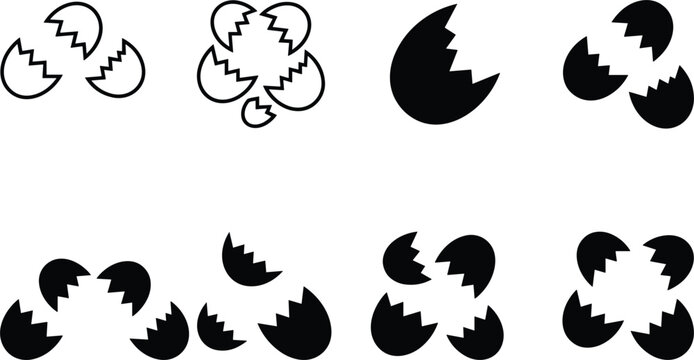 Broken eggshell fragments graphic element collection featuring black silhouettes and outline shapes of cracked hatching eggs