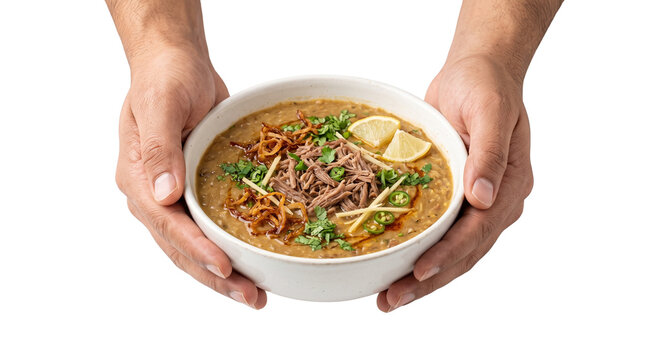 Traditional Haleem stew in white bowl held by hands, savory beef and lentil porridge with garnish, authentic Pakistani and Indian cuisine isolated PNG with Transparent Background