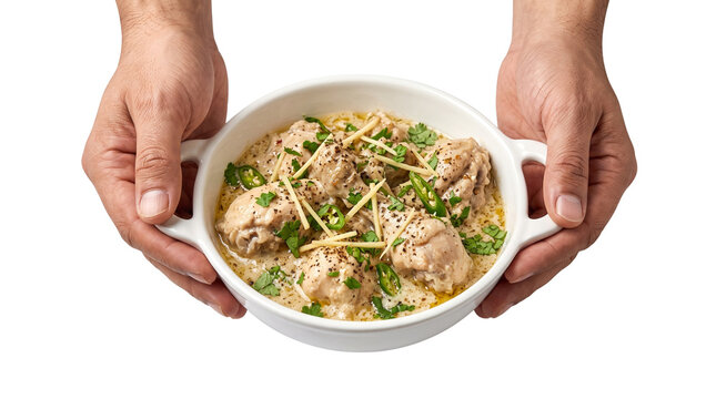 Creamy chicken malai handi in white bowl, hands holding traditional mughlai chicken curry, spicy indian chicken gravy with ginger and herbs isolated PNG with Transparent Background