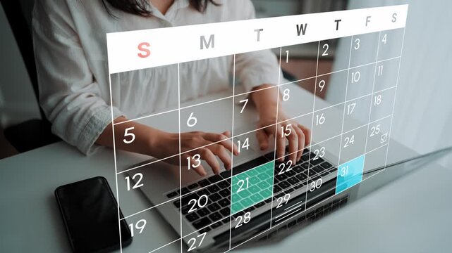 Professional Woman Planning Her Schedule with Laptop and Calendar on a Bright Desk Setting, Focusing on Daily Tasks and Productivity Tools. Entropy.