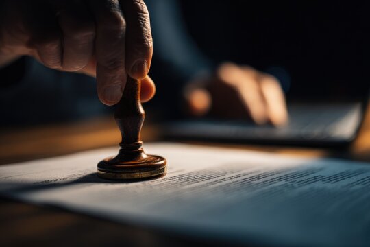 Hand stamping official document with wooden seal on desk. Ideal for business and legal concepts.