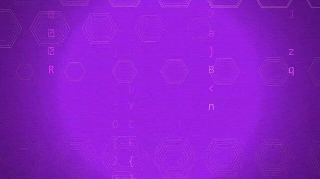 Abstract purple digital background with scan lines and scrolling hexagons.