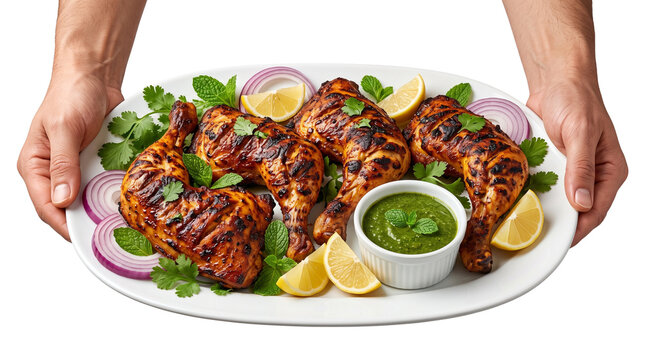 Grilled tandoori chicken legs on platter, roasted spicy chicken drumsticks with mint chutney, hands holding plate of indian style barbecue isolated PNG with Transparent Background